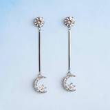 Cubic Zirconia, and Stainless Steel Moon and Star Stud Dangle Earrings