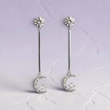 Cubic Zirconia, and Stainless Steel Moon and Star Stud Dangle Earrings