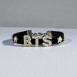 BTS Inspired Bracelet , Black Leather Stainless Steel, Army Gifts