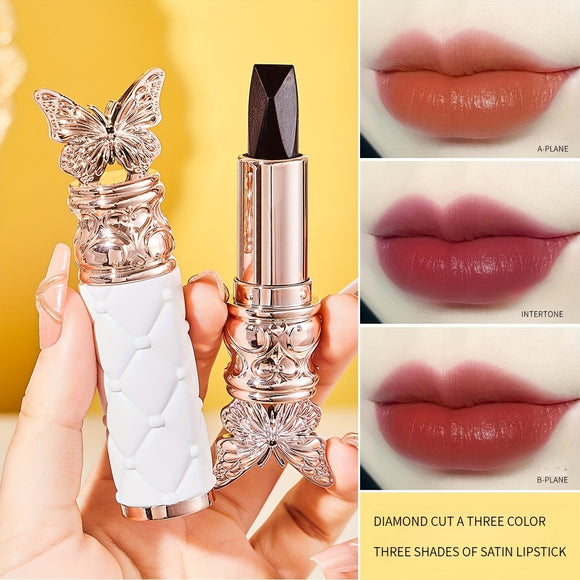 Diamond-Cut Satin Lipstick - Triple-Color, Moisturizing & Long-Lasting, Waterproof, Non-Stick Matte Finish