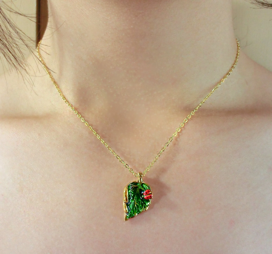 18K Pure Gold Filled Ladybug Green Leaf Necklace