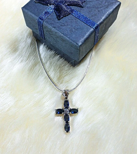 925 Sterling Silver Blue Cubic Zirconia Cross Necklace