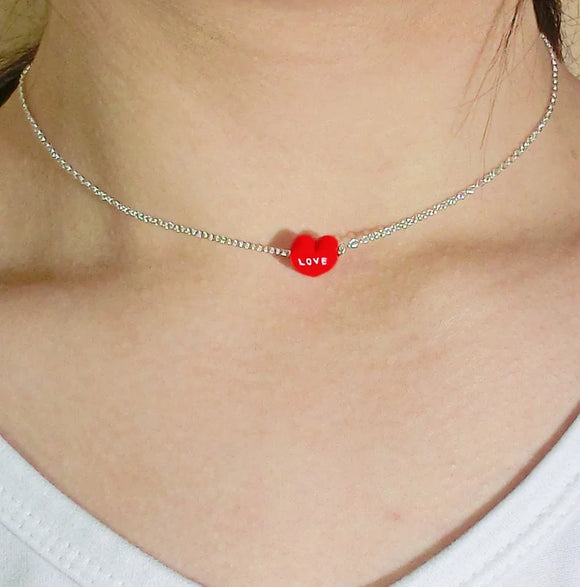 925 Sterling Silver Red love Heart Charm Necklace Choker * Valentine's Day Gift, Love Necklace